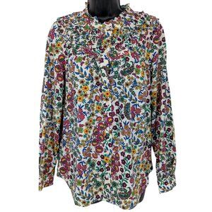 Talbots Floral Ruffle Button Up Shirt Women Cottage Prairie Long Sleeve Size S